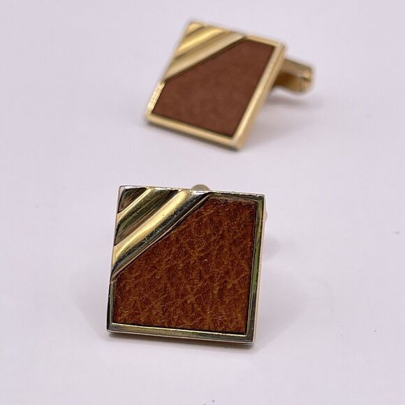 Vintage Swank Gold Tone Leather Cufflinks MCM Classic Modern 1" Inch Square - Picture 3 of 7